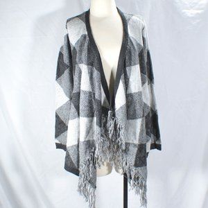 NWT Gray Hue Tone Plaid Open Front Cardigan Sweater Jacket with Tassels Size Med